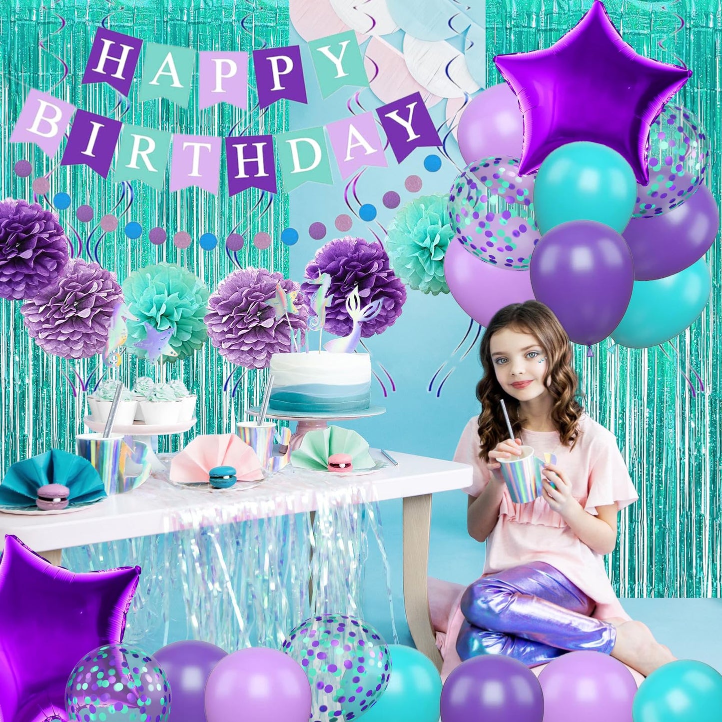 Mermaid Birthday Decorations Purple Teal Blue Party Balloons Happy Birthday Banner Dots Garland Purple Turquoise Green Fringe Cu