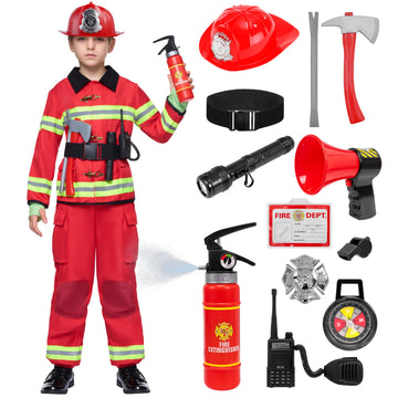 Spooktacular Creations Halloween Boys Fireman Costume  Firefighter Costume for Kids  Red Toddler Fireman Jumpsuit Accessories Set for Dress-up and Roleplay Party (Large  10-12 yrs)