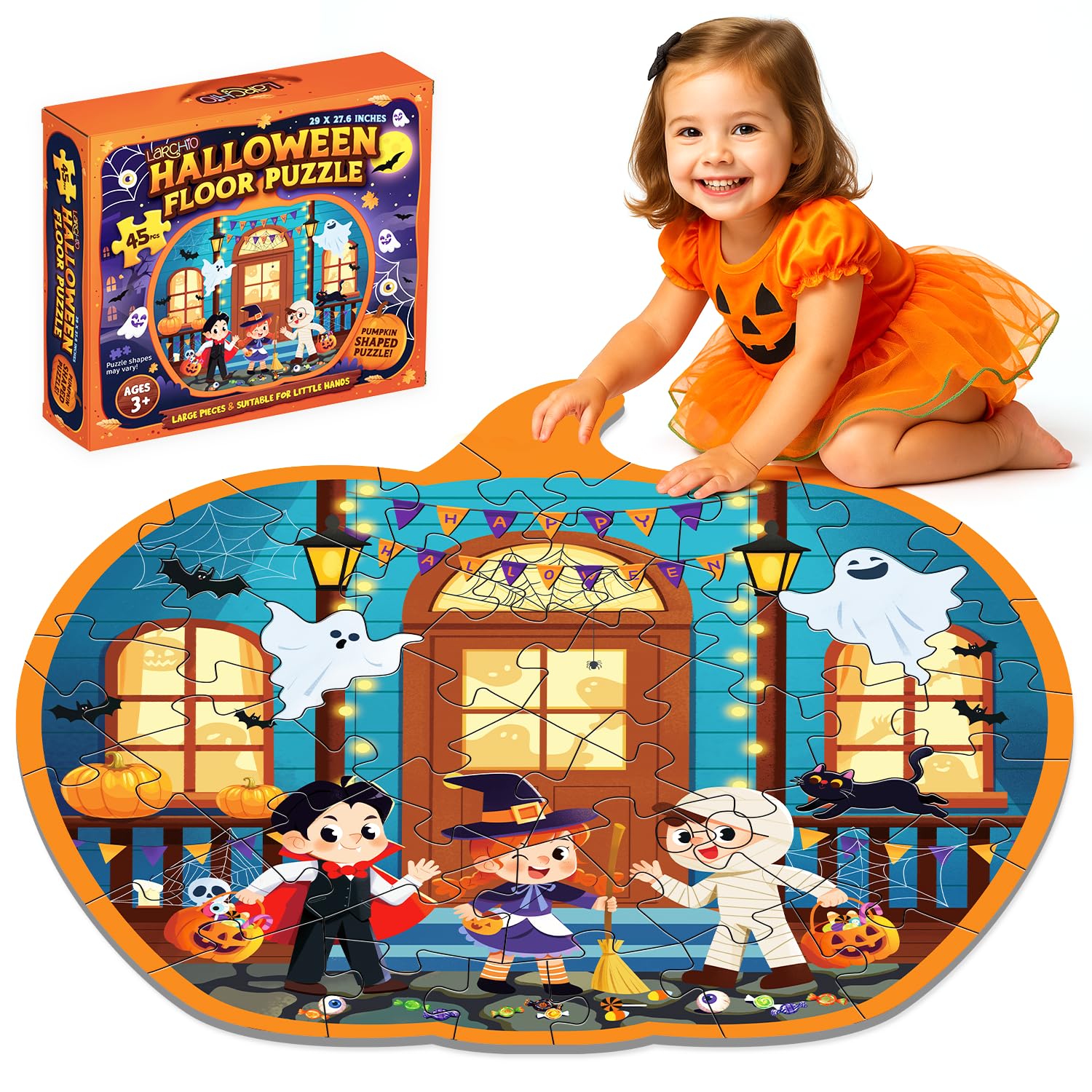 45 Pcs Halloween Floor Puzzle for Kids Age 4-8  Jumbo Pumpkin Jigsaw Puzzles Halloween Boo Basket Gifts Stuffers for Kids Girls Boys