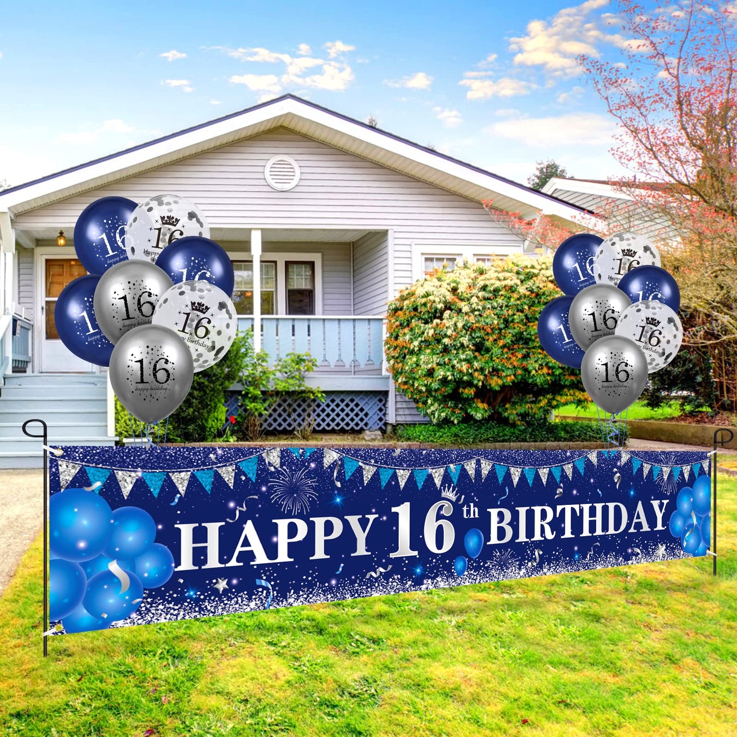 Blue 16Th Birthday Decorations For Boys Girls, Navy Blue Silver Happy 16Th Birthday Banner And 16Th Birthday Balloons For 16Th Birthday Anniversary Party Supplies, Sixteen Year Old Party Decorations