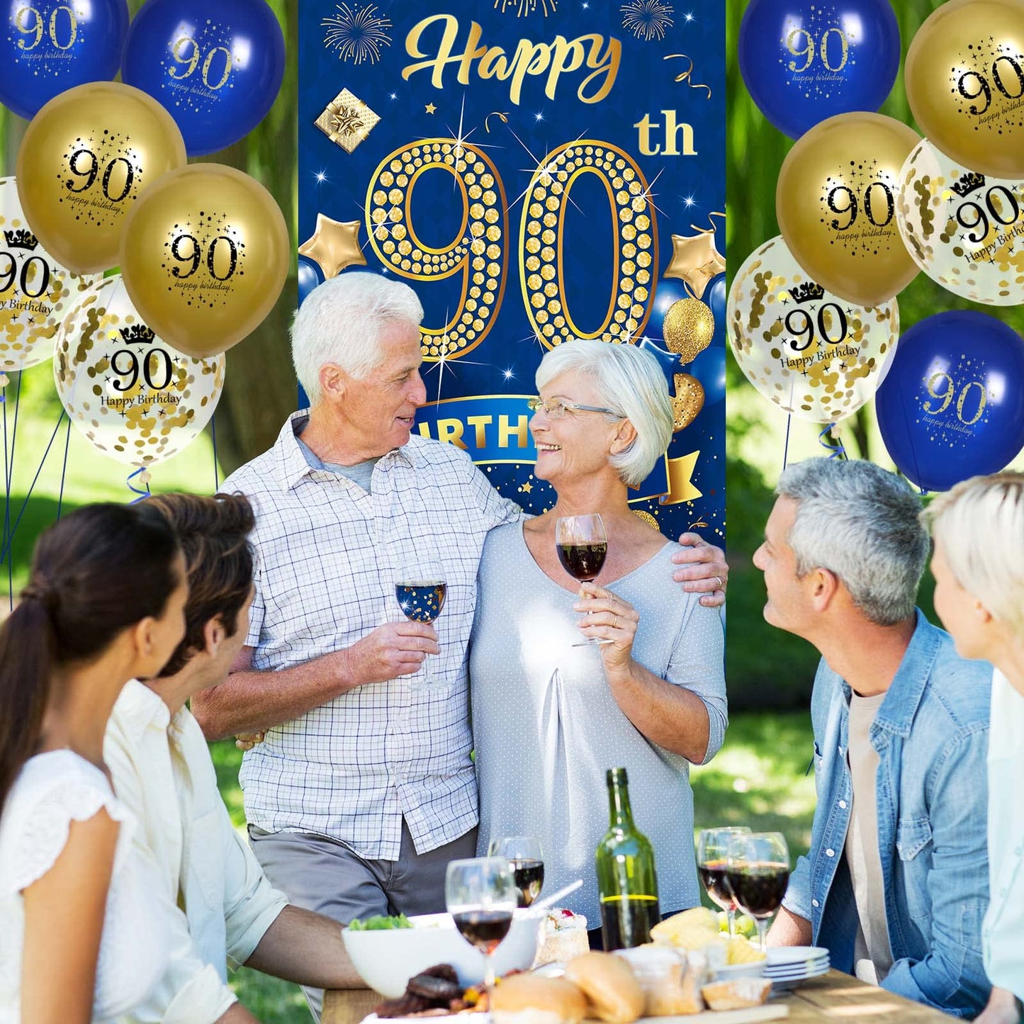 90th Birthday Party Decorations for Men Navy Blue Gold Happy 90th Birthday Banner with 18pcs 90th Balloons 90th Door Cover Backd