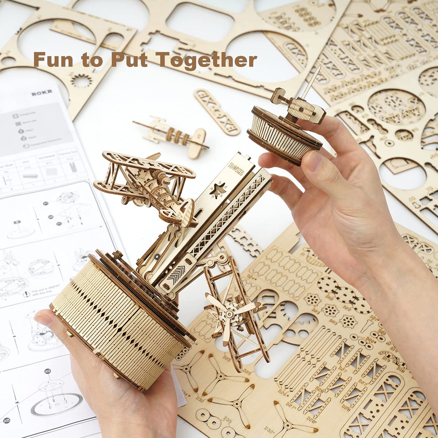 ROKR Wooden Music Box Puzzle, DIY Airplane Tower, 1 Set, Desk Decor for Adults & Teens, Non-Toxic, Hand-Eye Coordination, Gift f