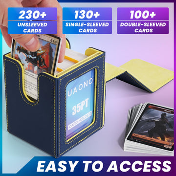 Uaono Card Deck Box With Mtg Commander Display, Deck Case Holds 100+ Double-Sleeved Cards, Trading Card Storage Box Fits Tcg/Ptcg/Sports Card With 2 Dividers, 1 Toploader (Blue, Yellow)