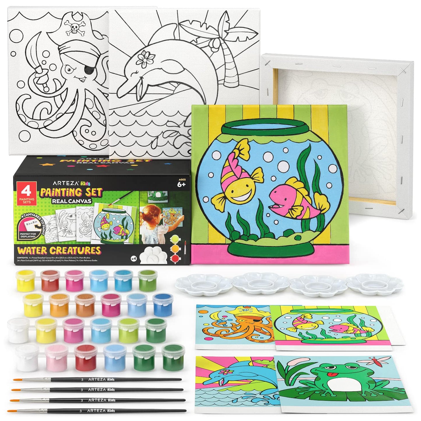 Arteza Kids Water Creatures Painting Kit, 4 Canvases 8 X 8 Inches, 24 Acrylic Paints, 4 Paint Brushes, 4 Palettes, Kids Activities Ages 6 And Up