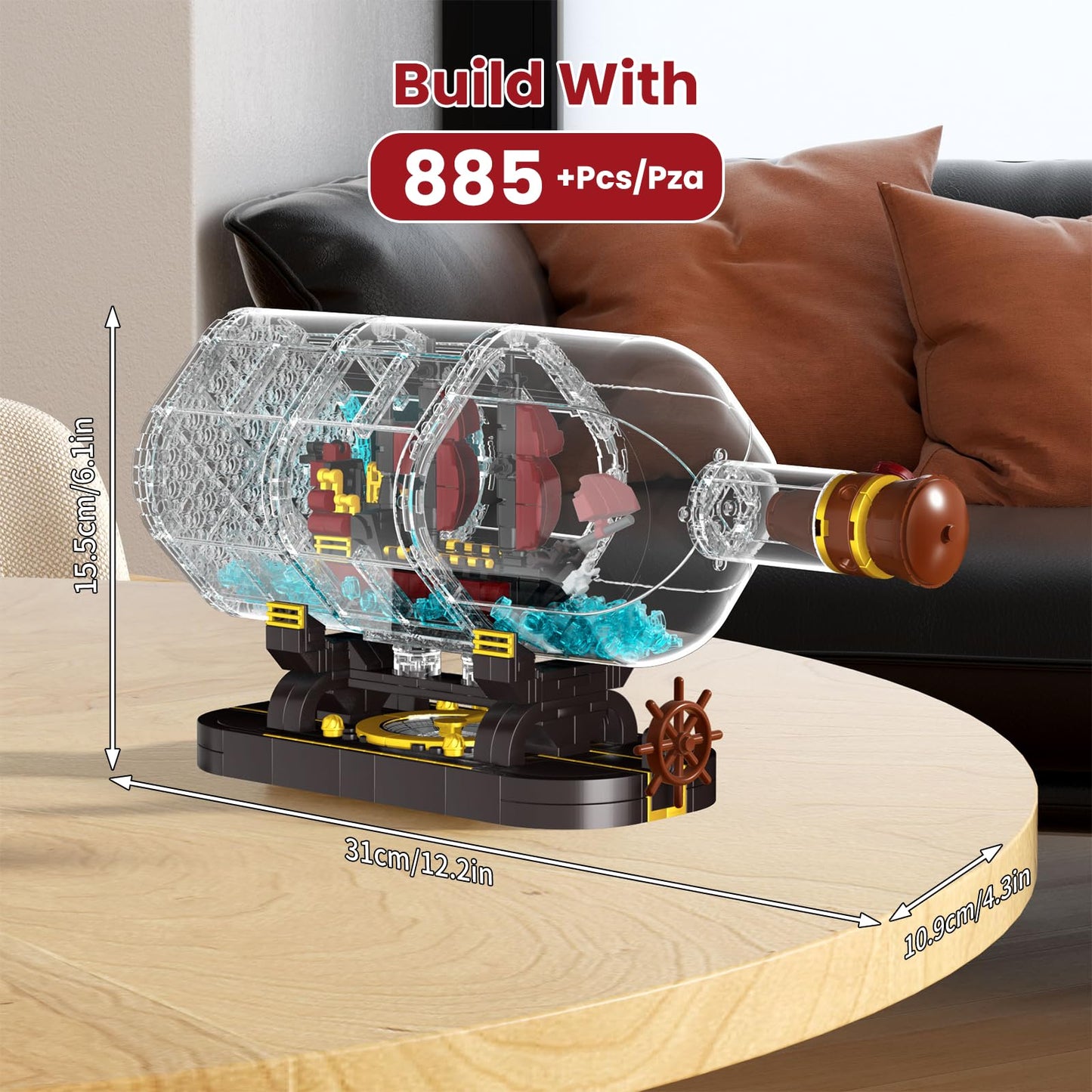 Mould King Ship In A Bottle Building Blocks Sets, 10085 Revenge Pirate Boat Model Kits Toys, Collectible Display Pirate Ship In A Bottle Kit, Stem Project For Adults And Kids Aged 8+ (885 Pieces)