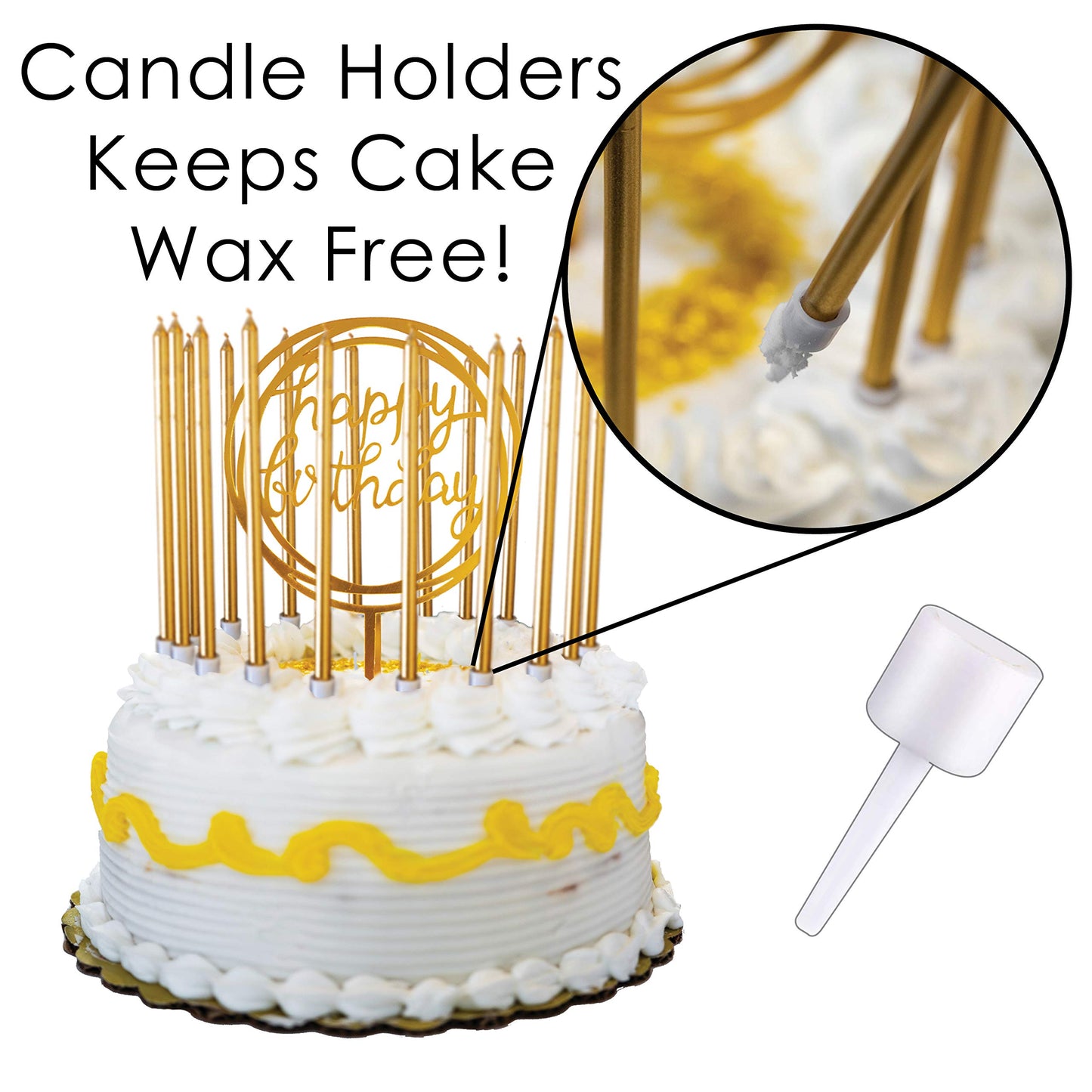 24 Count Tall Thin Metallic Gold Slow Burning Birthday Candles in Holders, and Matching Classy Cake Topper for Special Custom Bi