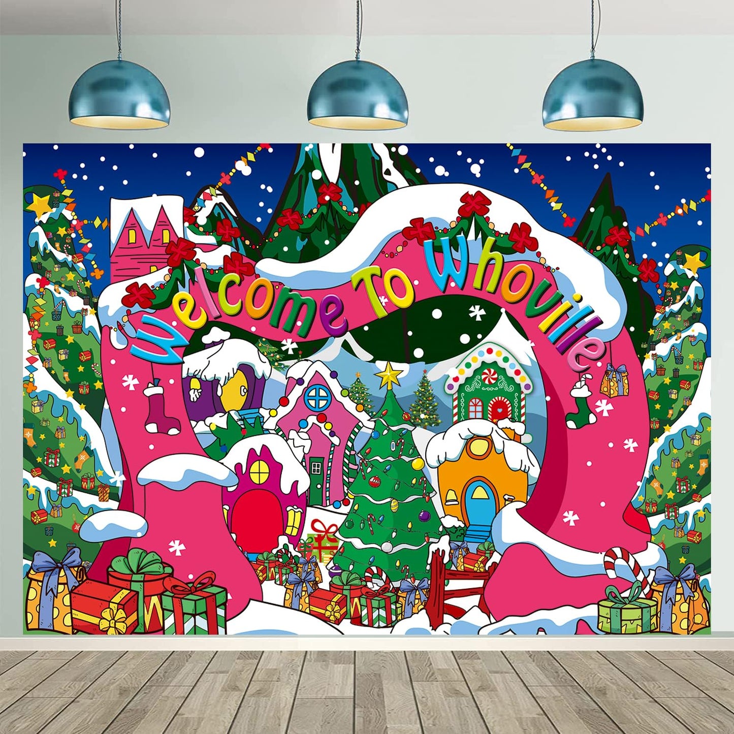 CUMIA Welcome to Whoville Backdrop - 8x6FT Winter Christmas Village Photography Background for Kids Birthday & Holiday Parties, Blue