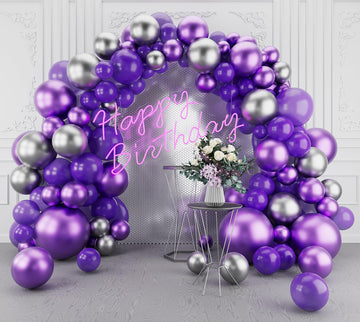 Dark Purple Balloons Arch Garland Kit-143Pcs Silver Metallic Purple Balloons For Birthday Anniversary New Years Baby Shower Grad