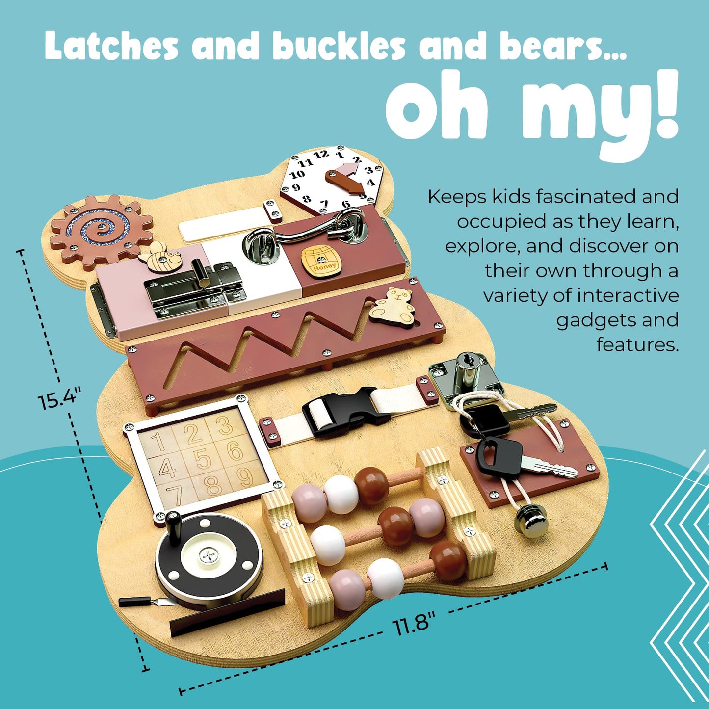 Kiddery Toys Busy Board For Toddlers - Activity Board Bear Shaped Montessori Toys For Kids - Sensory Stimulating Car & Airplane Travel Toys For Toddlers, Quiet Learning Activities For Autism