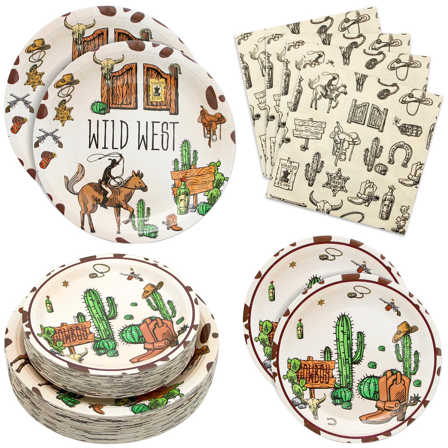 180PCS Cowboy Party Supplies Serve 60,Western Cowboy Birthday Paper Plates and Napkins Kit for Rodeo Birthday Baby Shower Party 