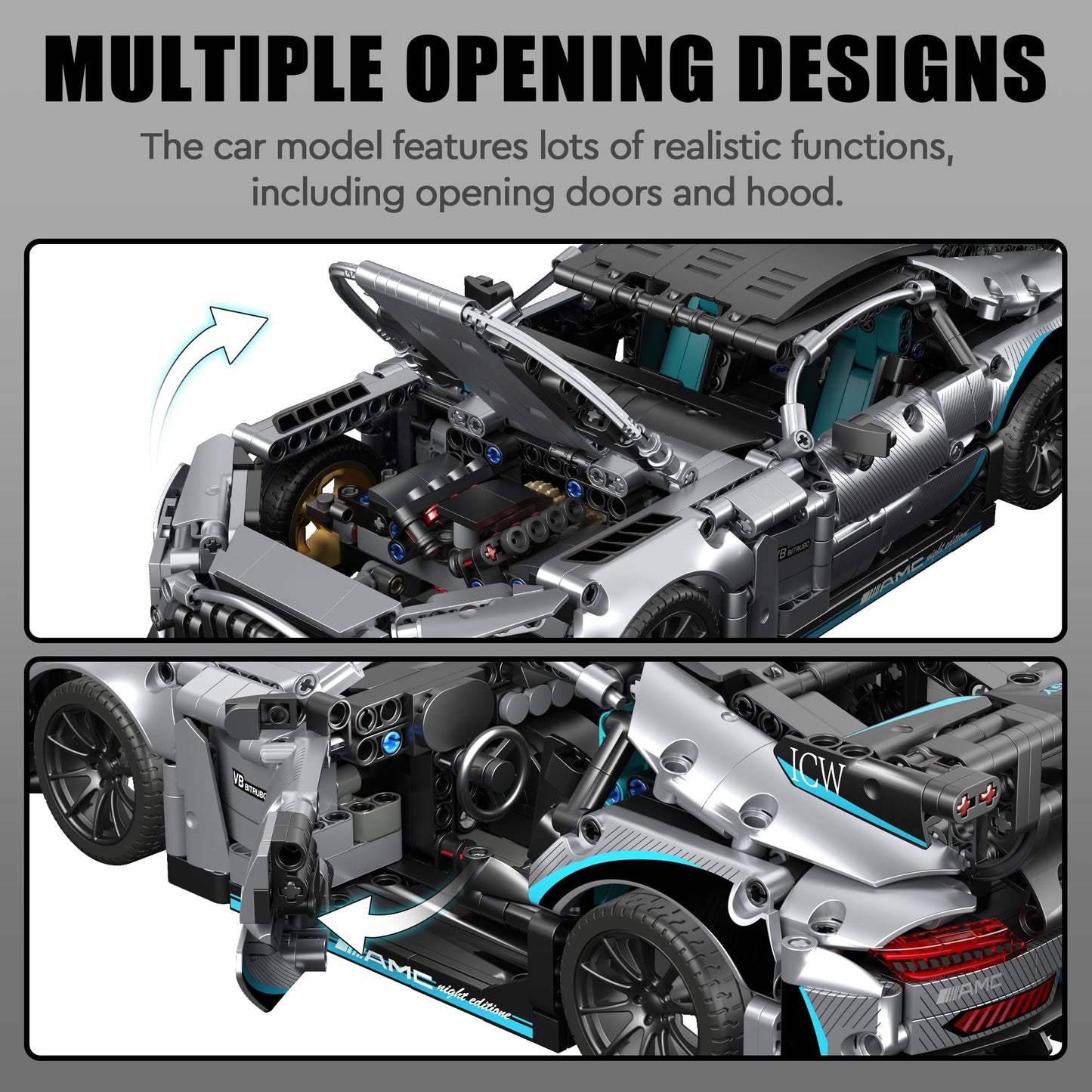 HIGH GODO Racing Car Building Kit, 1:14 MOC Super Sports Car, 1466pcs, Grey, Plastic Model 23009 for Adults & Kids