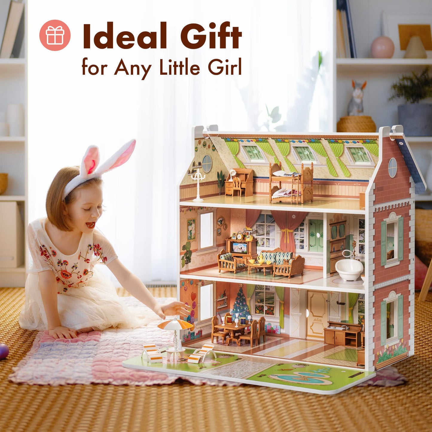 ROBUD Wooden Dollhouse for Kids, Pretend Play Toy, One Size, Orange & Green, Model RB-WDH07, Perfect for Ages 3-6