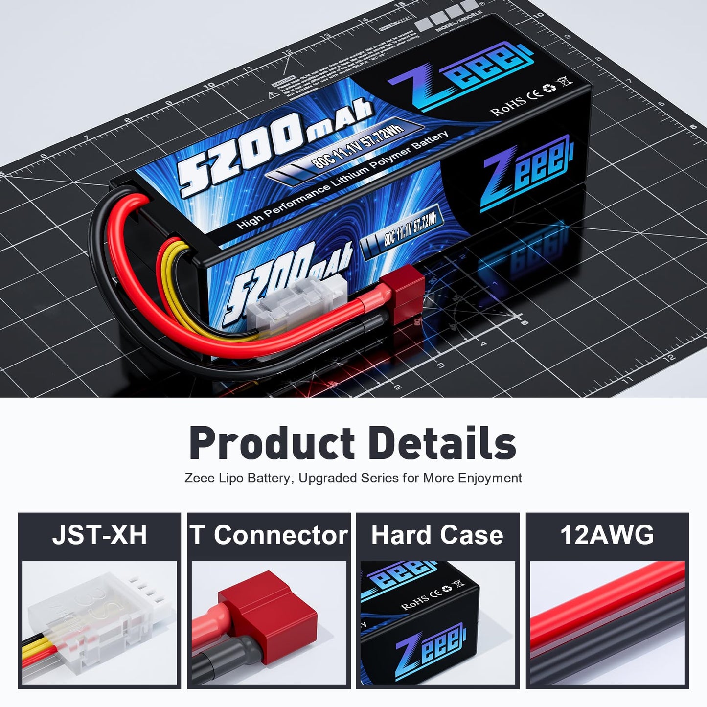 Zeee 3S 5200Mah Lipo Battery 11.1V 80C Hardcase Battery With T Connector For Rc Car Boat Truck Helicopter Airplane Racing Models