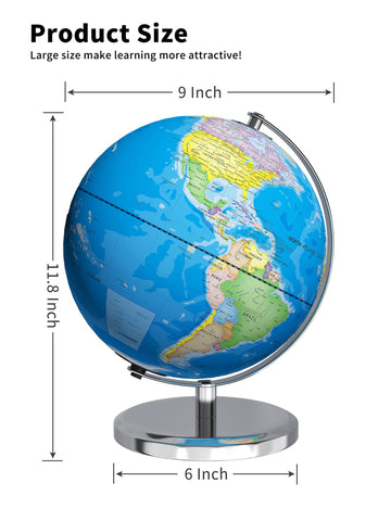 Waldauge 9'' Illuminated World Globe With Stand, Educational Globes For Kids Learning, Colorful Hd World Map Details, Led Globe