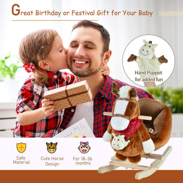 Qaba Kids Ride-On Rocking Horse Toy, Rocker With Lullaby Song, Hand Puppets & Soft Plush Fabric For Children 18-36 Months, Brown
