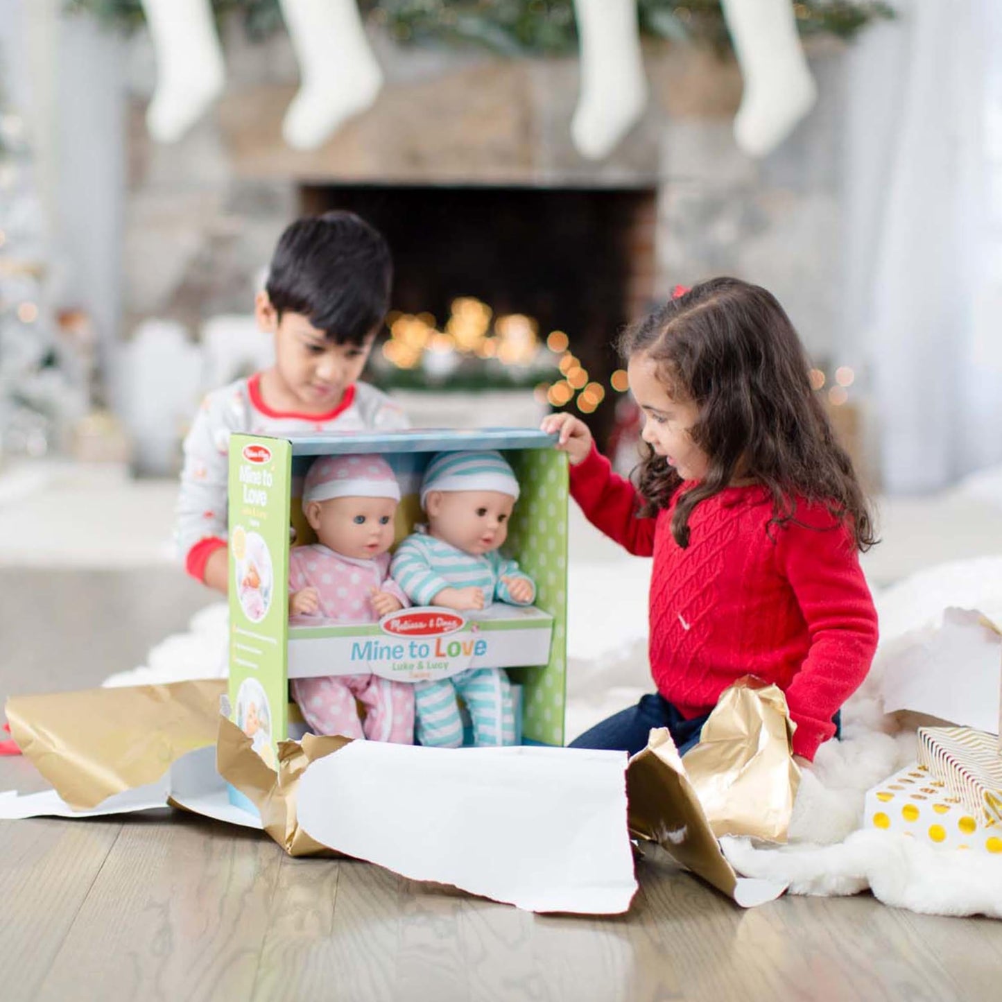 Melissa & Doug Mine To Love Twins Luke & Lucy 15    Light Skin-Tone Boy And Girl Baby Dolls With Rompers, Caps, Pacifiers