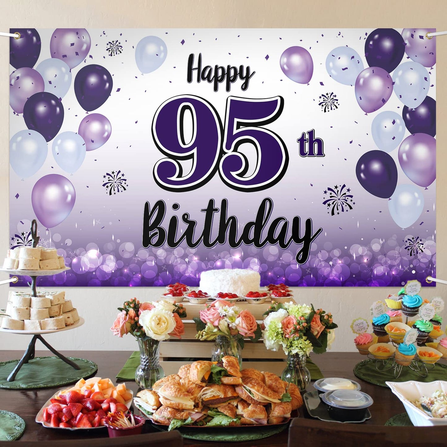 LASKYER Happy 95th Birthday Decorations,95th Purple Balloon Large Birthday Banner Backdrop Sign,95 Years Old Bday Party Supplies