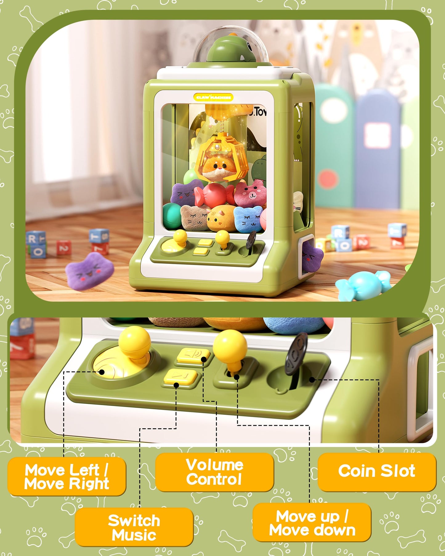 Claw Machine For Kids, Mini Vending Machine With Game Coins & Music, Prize Dispenser Toys For Girls And Boys, Electronic Claw Game Machine For Party Birthdays, Includes 30 Mini Toys (Dinosaur)