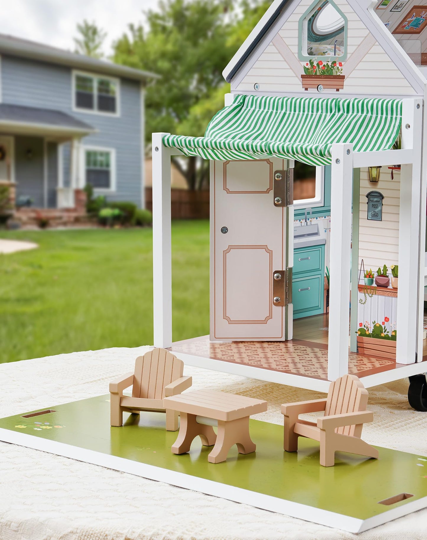 ROBUD Doll House - Wooden Realistic Camper Van Dollhouse with Handle & Wheels, Includes Mini Kitchen, Bar, Bedroom & Outdoor Din