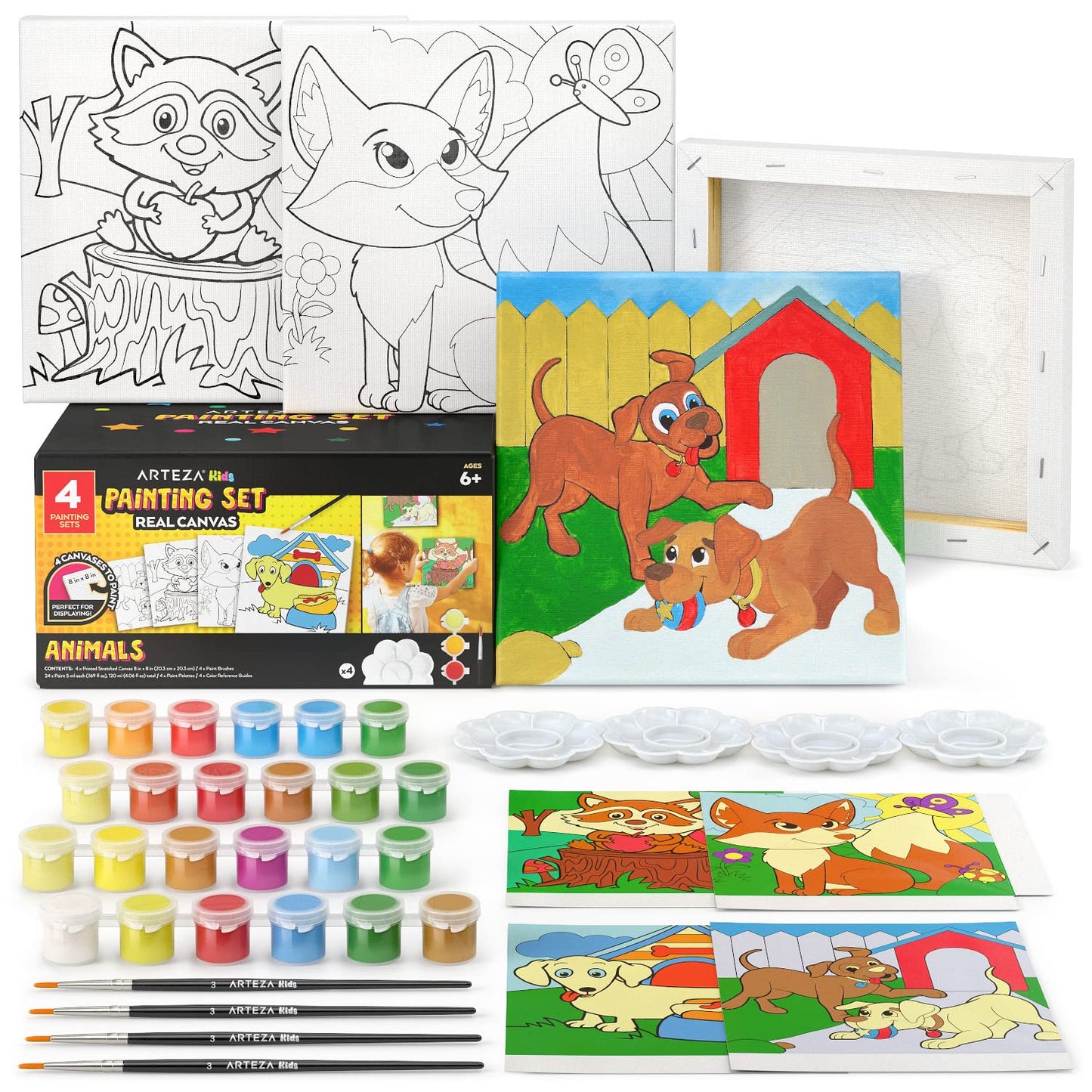 ARTEZA Kids Animals Painting Kit, 4 Canvases 8 x 8 Inches, 24 Acrylic Paints, 4 Paint Brushes, 4 Palettes, Kids Activities Ages 