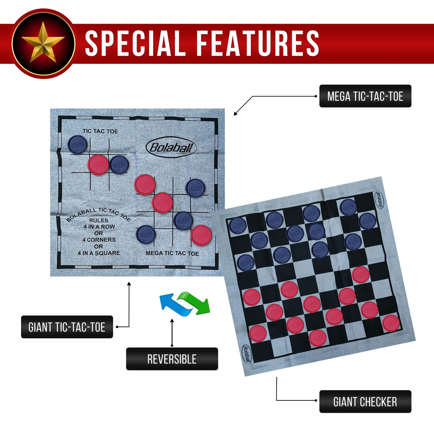 Bolaball 3-In-1 Giant Checkers, Tic Tac Toe Jumbo Game, 26''X26'', Reversible Carpet, Indoor Outdoor Yard Board Game For Family