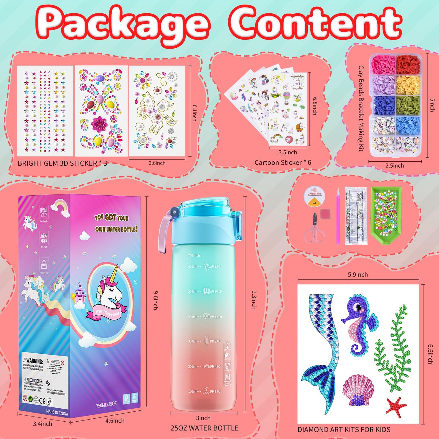 Gifts For 4-12 Year Old Girl - Decorate Your Own Water Bottle Kits For Girls, Mermaid Painting Diamond Art & Crafts Kits, Clay B
