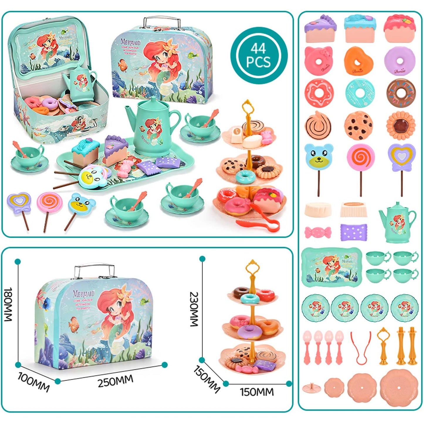 Lajeje Mermaid Tea Party Set for Little Girls - Pretend Plastic Teapot Set, Princess Tea Time Play Kitchen Toy with Cups, Plates