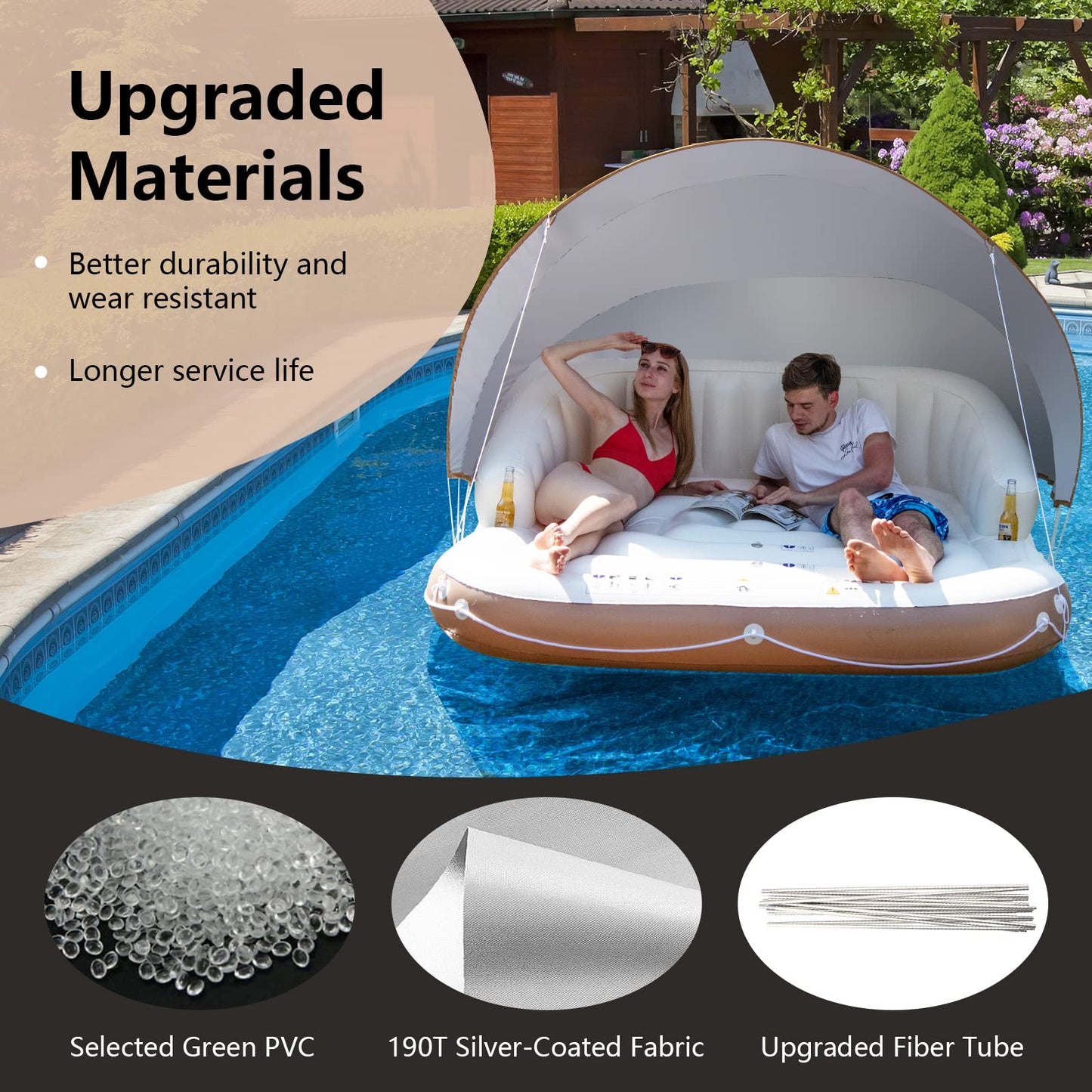 Giantex Canopy Island  Pool Float w/SPF50+ Retractable Detachable Sunshade  mature-themed w/2 Cup Holders High Backrest Armrest  71 x Island Inflatable Lounge  Load 440LBS