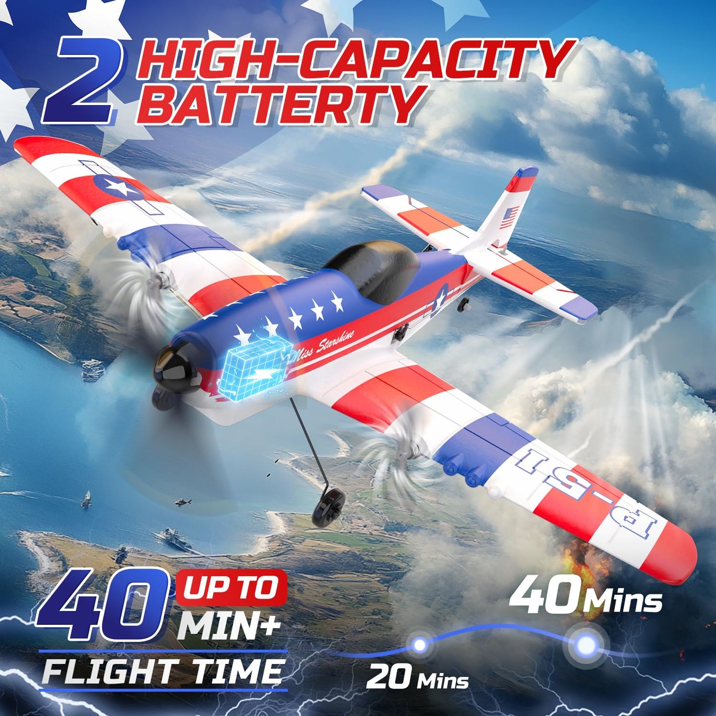 Deerc Rc Plane 3 Channel P51D Mustang Remote Control Airplane Fighter Toys,2.4Ghz 6-Axis Gyro Stabilizer Rtf Glider Aircraft Pla