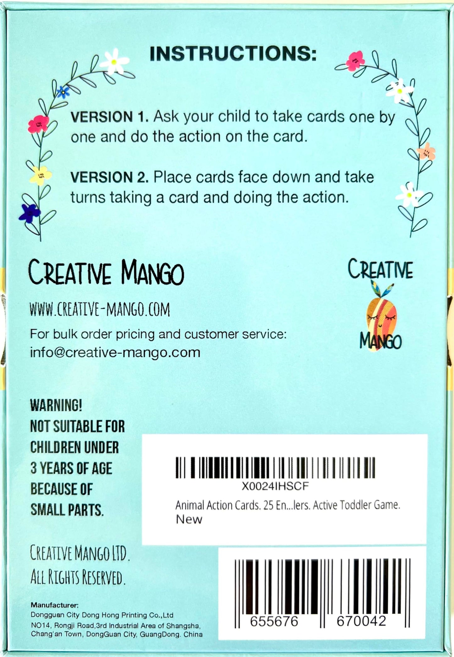 Creative Mango. Animal Action Cards. 25 Engaging Cards. Card Game For Toddlers. Active Toddler Game. 4''X6''.