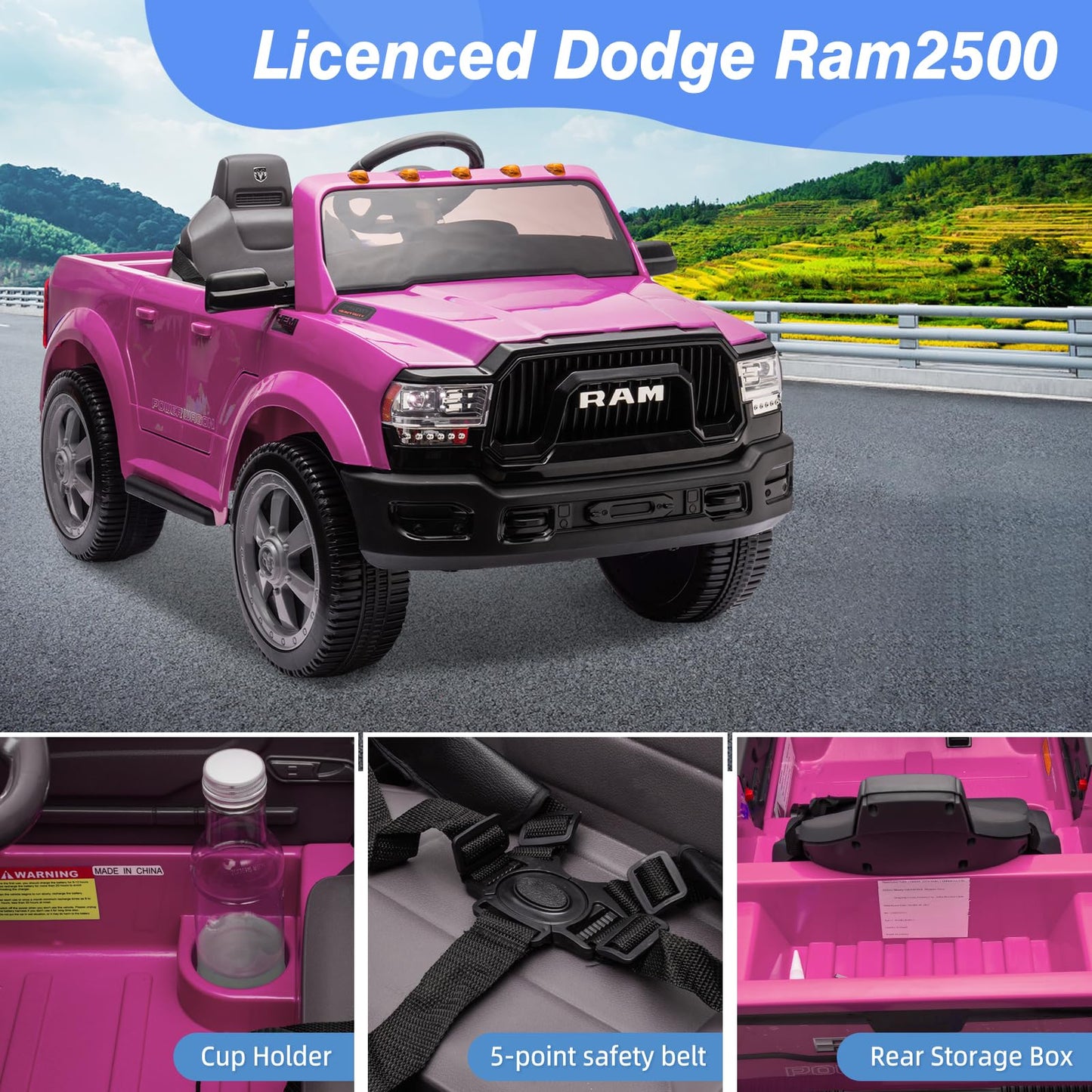 12V Ride On Toys For Kids 4-8, Licensed Ram 2500, Electric Car For Kids, With Remote Control, Led Light/Music/Mp3, Back Storage