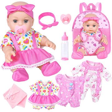 Dontno 12 Inch Baby Doll With Backpack Carrier And Accessories,Reborn Baby Doll Includes 3 Pcs Clothes And Bottles,Nipple,Burp C