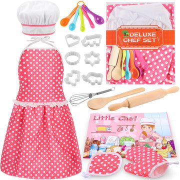 Kids Cooking Baking Set 19Pcs, Kids Chef Role Play Costume Set - Chef Hat and Matching Pink Apron Children Dress up Pretend Gift