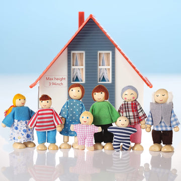 Wooden Doll House People Of 8 Figures, Dolls Family Set For Girls Toddler Kids Dollhouse Accessories Toy