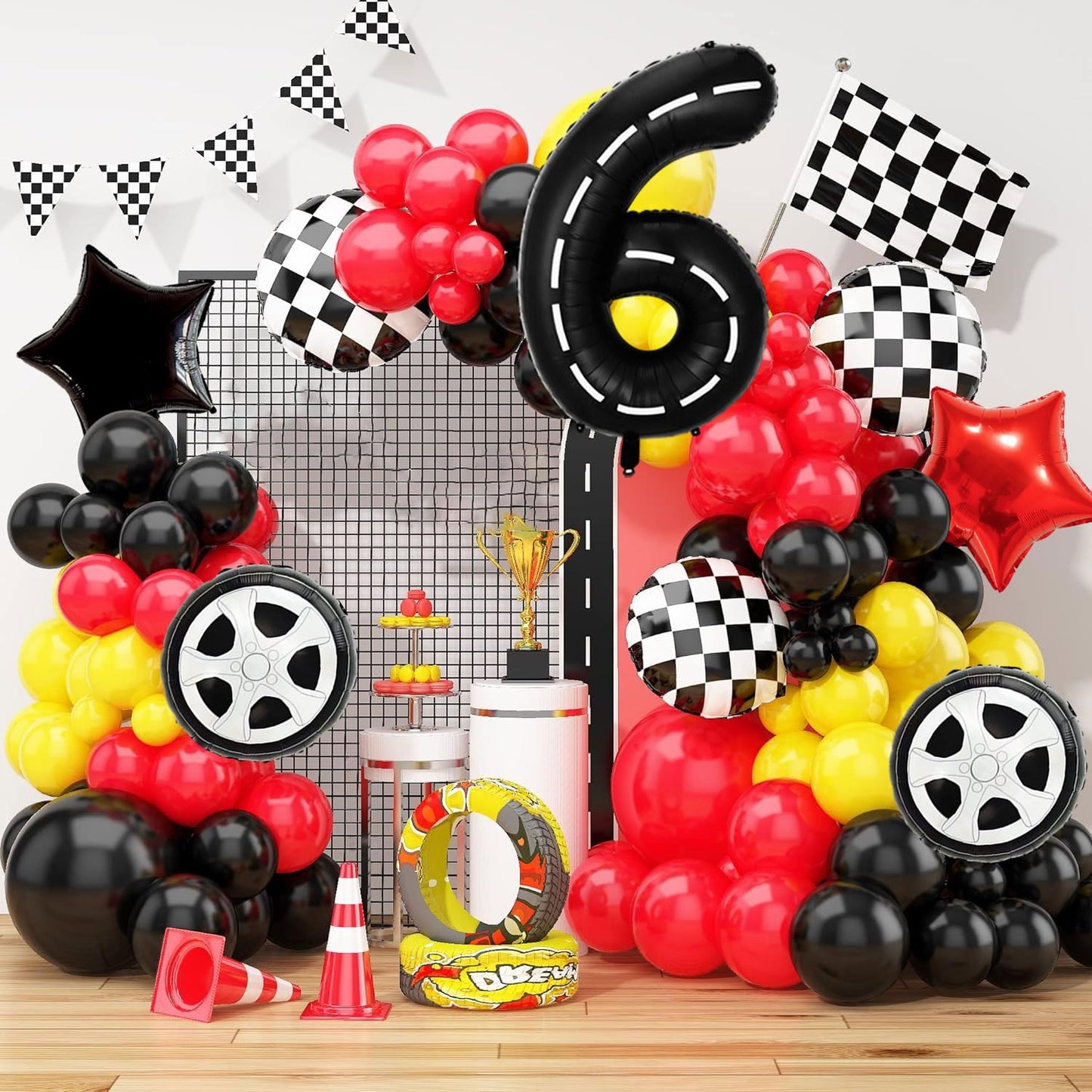 Race Car Birthday Balloons Decorations, 40 Inch Racetrack Black Number 6 Balloon, Large Mylar Black 6 Balloon For 6St Birthday R
