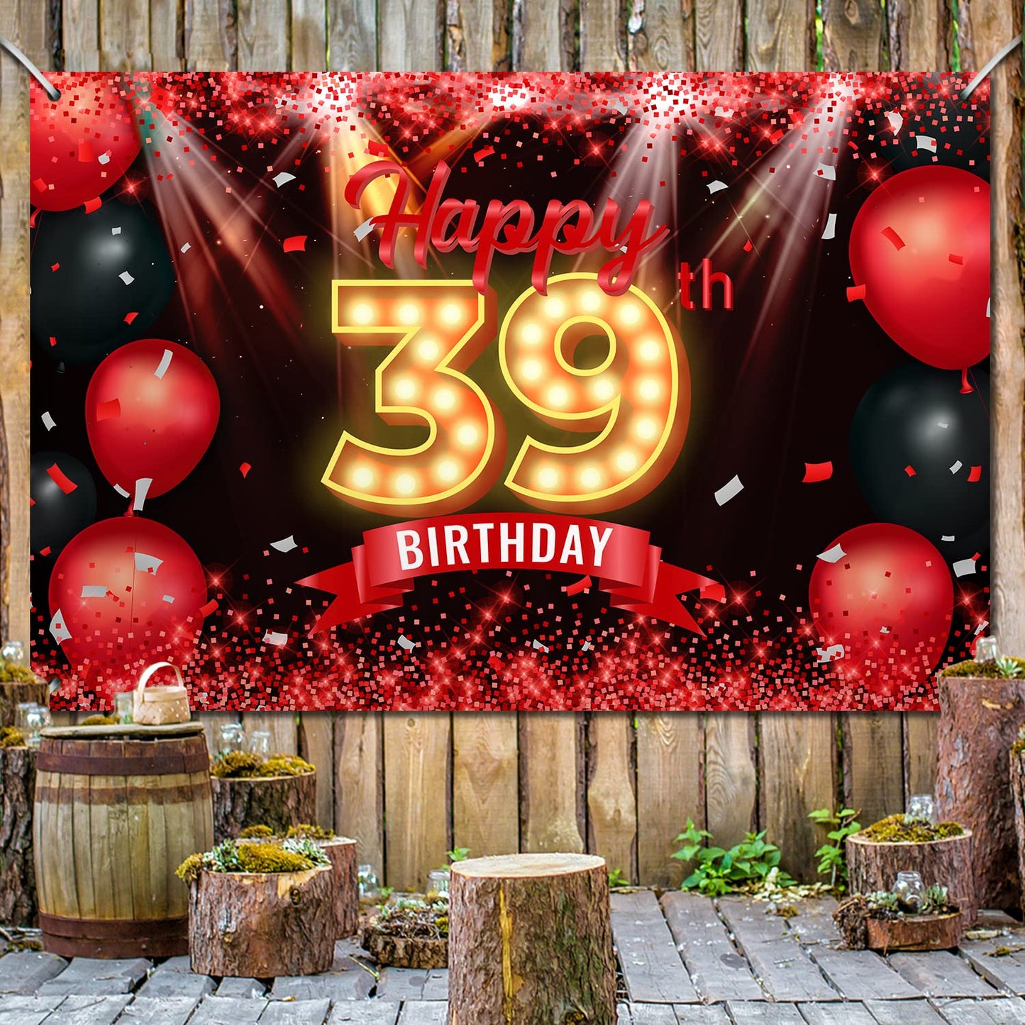 Happy 39th Birthday Banner Backdrop Red and Black 39 Years Old Background Bday Decorations for Women Men Photography Party Suppl