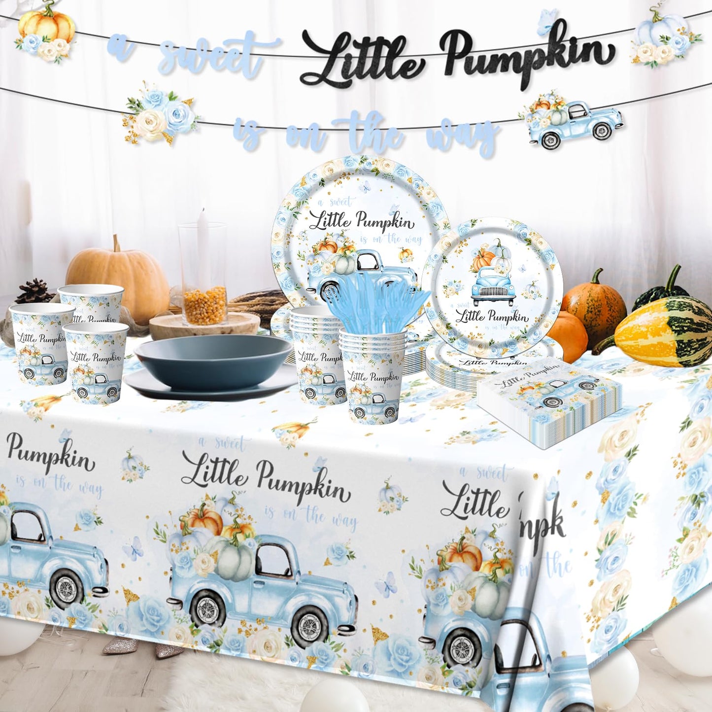 Little Pumpkin Baby Shower Decorations Tableware,142Pcs A Sweet Little Pumpkin Is On The Way Boy Blue Floral Truck Disposable Ta