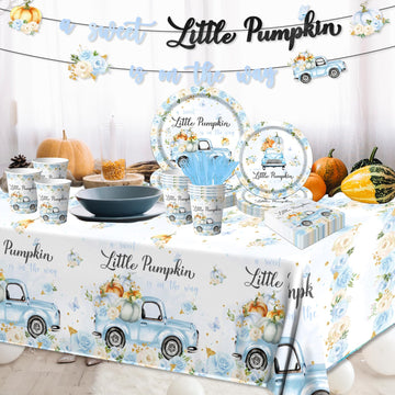 Little Pumpkin Baby Shower Decorations Tableware,142Pcs A Sweet Little Pumpkin Is On The Way Boy Blue Floral Truck Disposable Ta