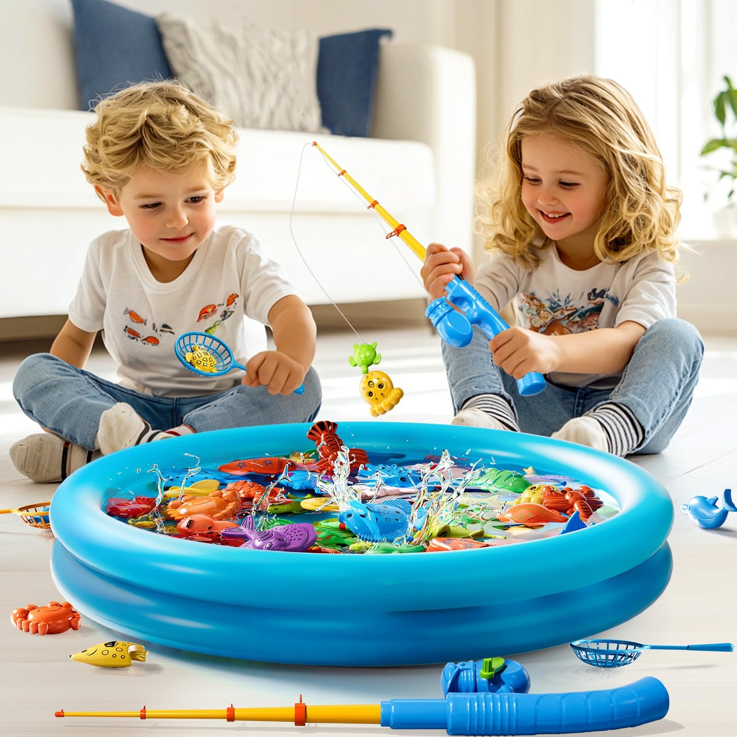 Magnetic Fishing Pool Toys Game For Kids Toddlers 3-5 4-8, Fishing Water Table Bathtub Toy With Inflatable Pool Pole Rod Net Pla