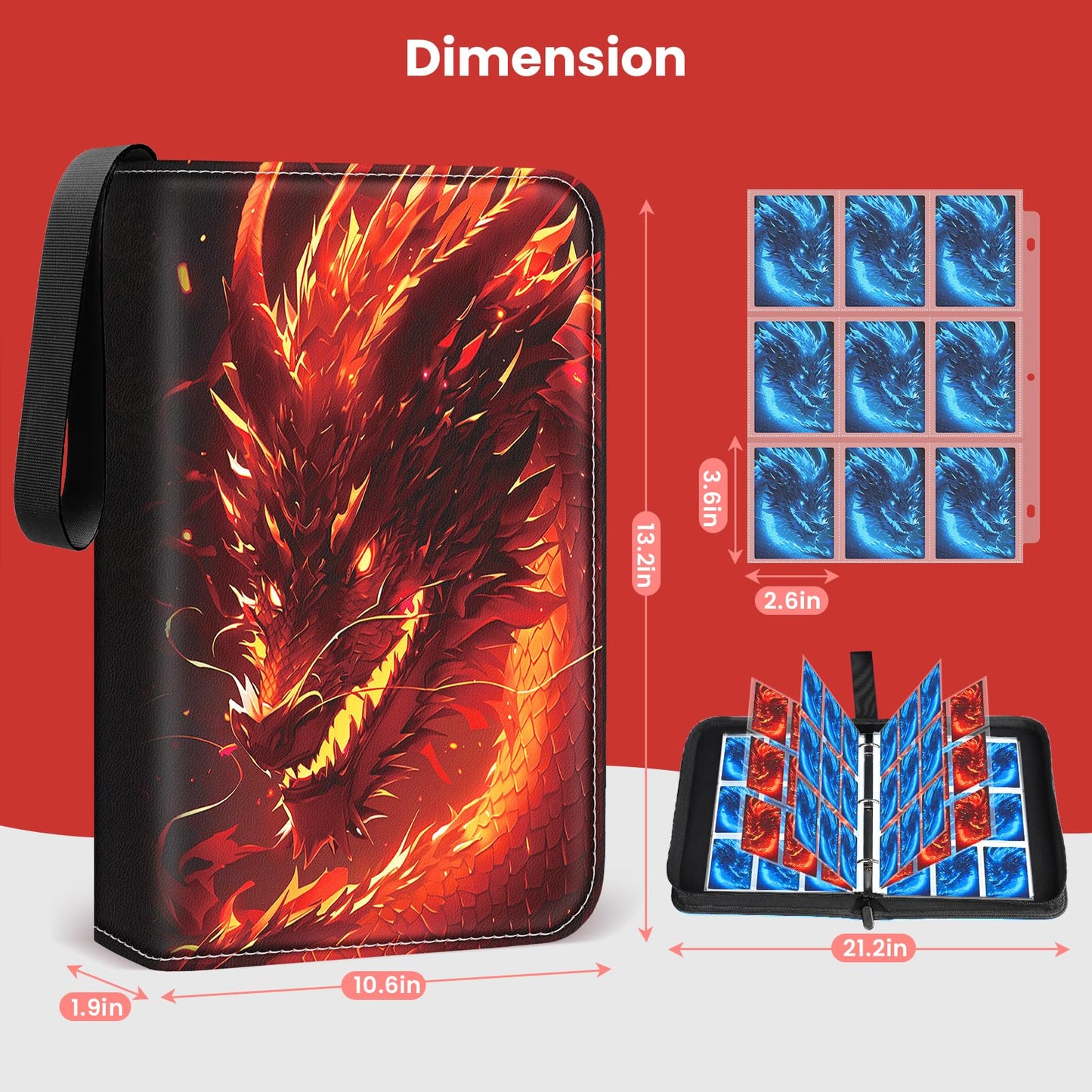 Winsing Card Binders 9 Pocket with 900 Pockets enhanced Zipper Case with 50 Removable Pages  Trading Folder Album Sleeves Holder Sheets for Game and Sports Cards Gifts for Boys and Girls Red