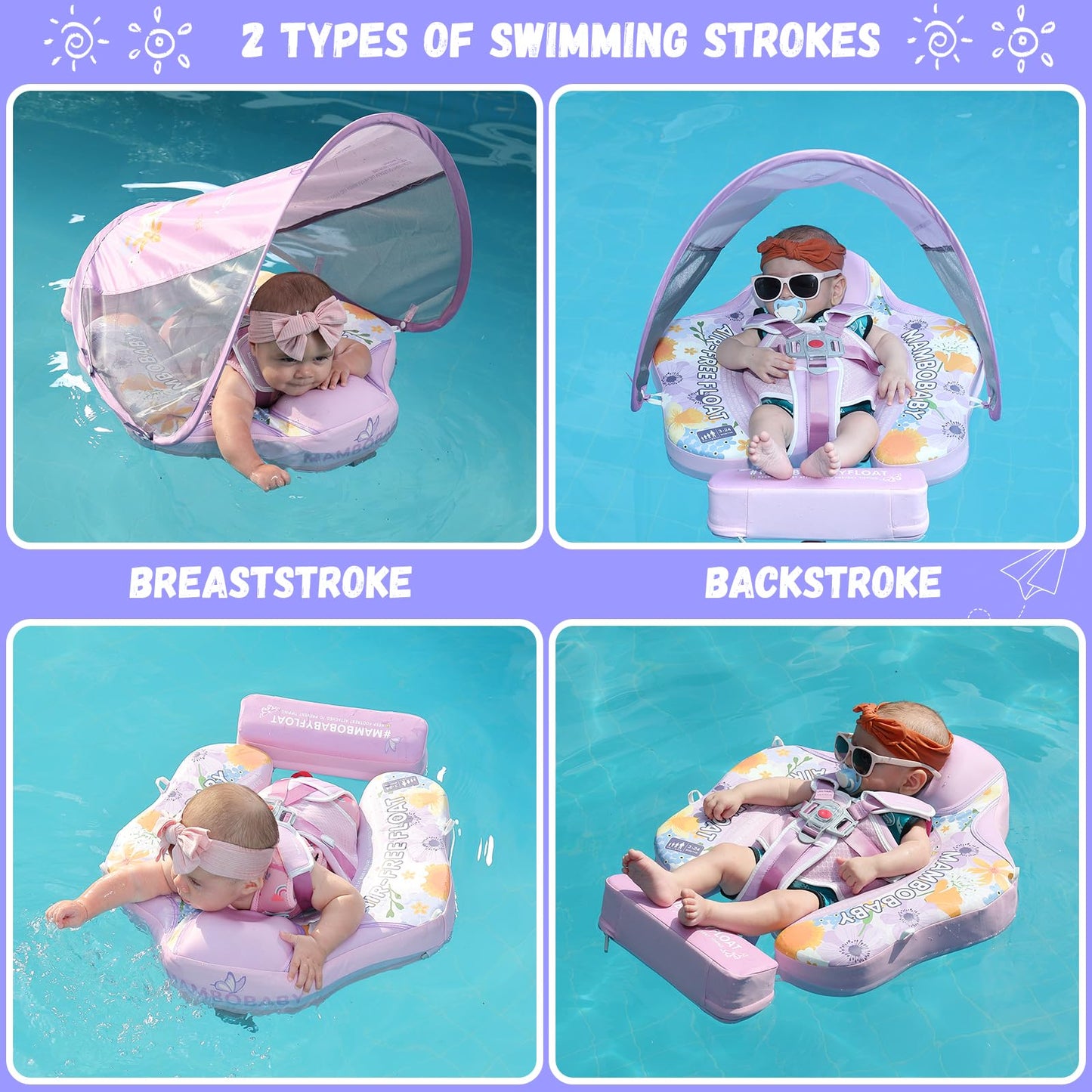 Genteaco Newest Mambobaby Baby Pool Float With Removable Canopy 3-24 Months, Non-Inflatable Infant Floats For Pool Add Tail Avoi