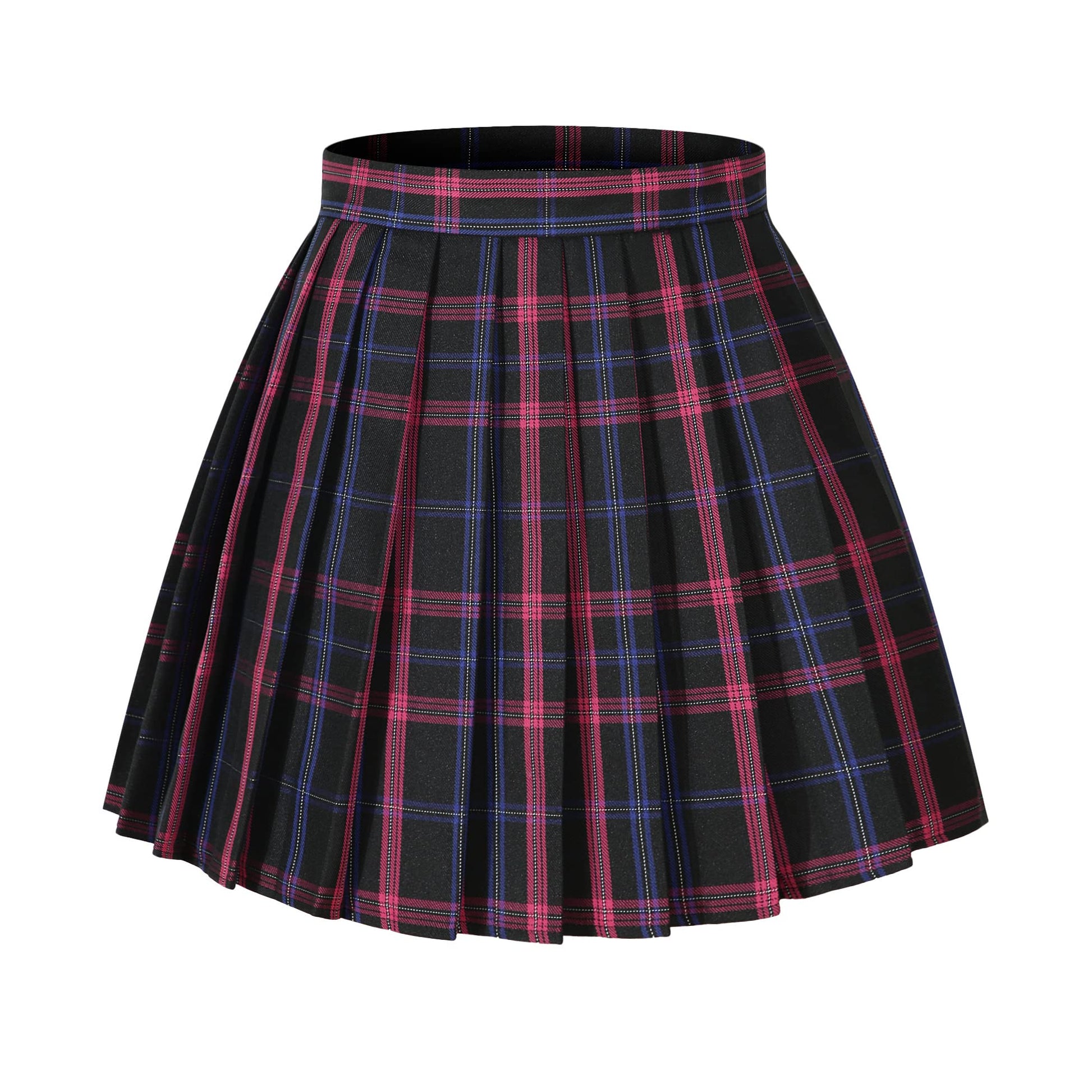 Girls Plaid Mid Uniform Skirts Cosplay Costumes (M, Black Mixed Rose Blue)