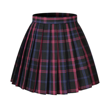 Girls Plaid Mid Uniform Skirts Cosplay Costumes (M, Black Mixed Rose Blue)
