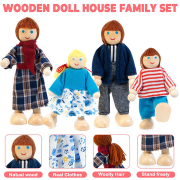 Kizfarm Wooden Dollhouse Furniture Set With 4 Family Dolls, 26 Pcs Pretend Play Dollhouse Accessories For 4 Rooms, Pink Furnitur