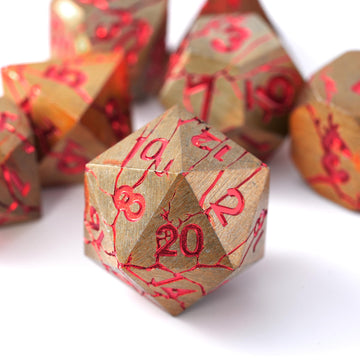 Soar Forge Metal Dice for DND - Pharaoh Ruins Gold Metal Dice with Red Cracks - Polyhedral Dice Set Compatible with D&D, Pathfin