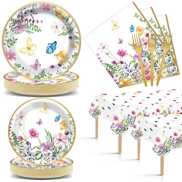 98Pcs Wildflower Party Birthday Supplies For 24 Guests Girls Floral Tableware Set Spring Summer Tablecloths Plates Napkins Wildflower Dinnerware Table Cover Party Decorations Wedding Baby Shower