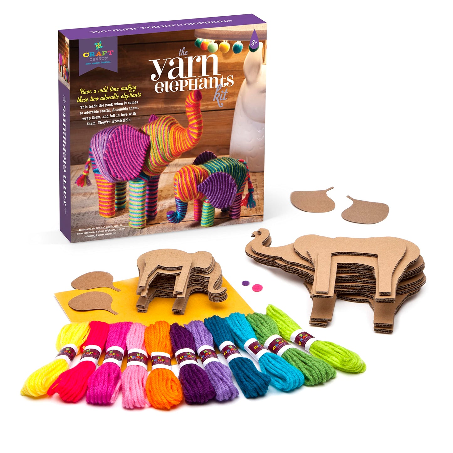Craft-tastic Yarn Elephants Kit - Makes 2 Yarn-Wrapped Elephants - Multi Color - Ages 8+ - Model CT1775T