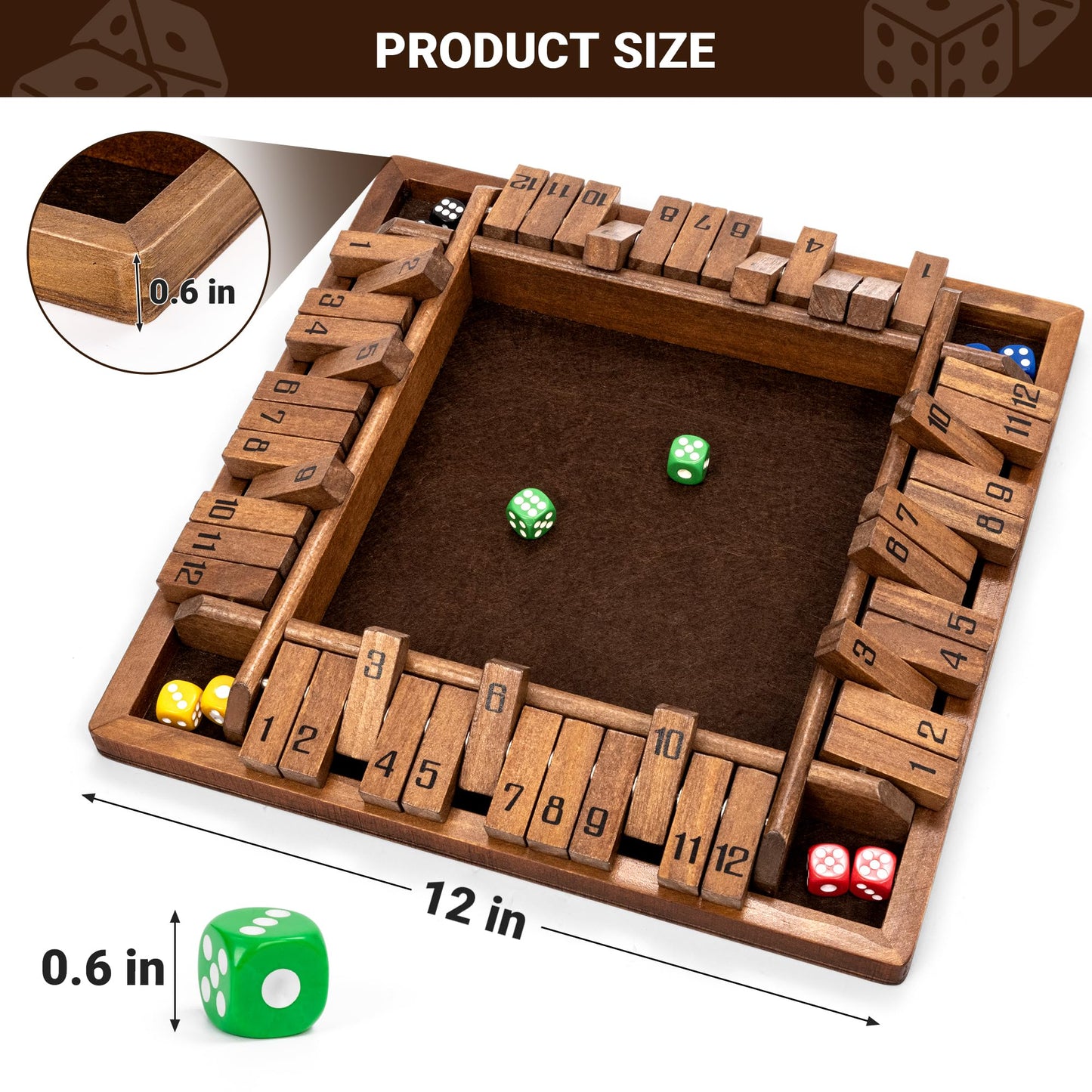 ropoda Shut The Box Game  Upgraded 12 Numbers Wooden Board Games for mature-themed and Kids  Shut The Box Dice Game -Addition Training  Fun for Family Game Night Vintage Style