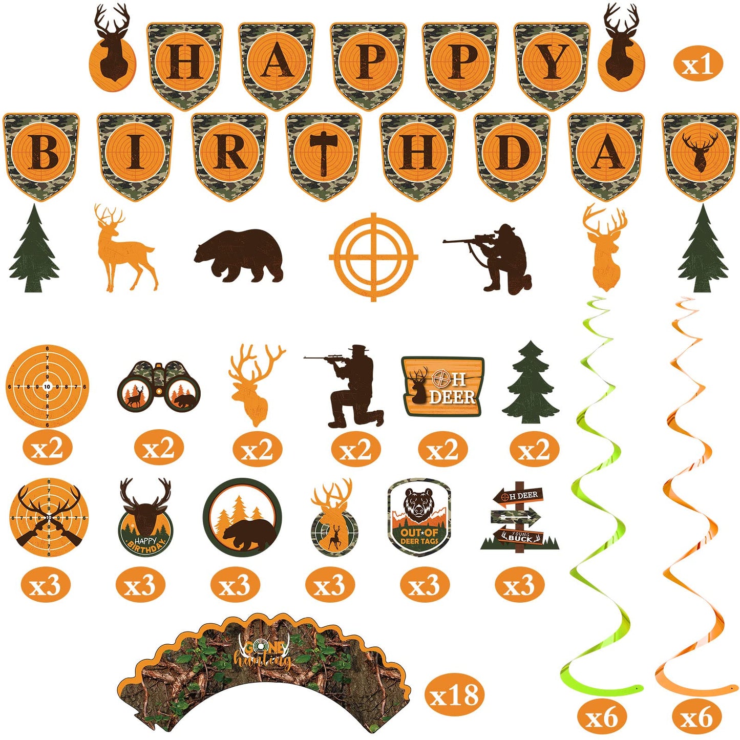 Dianelhall Hunting Theme Party Decorations - 62 Pcs Camo Birthday Supplies, Cupcake Toppers, Brown/Green/Orange, Model: Dianelhall-043