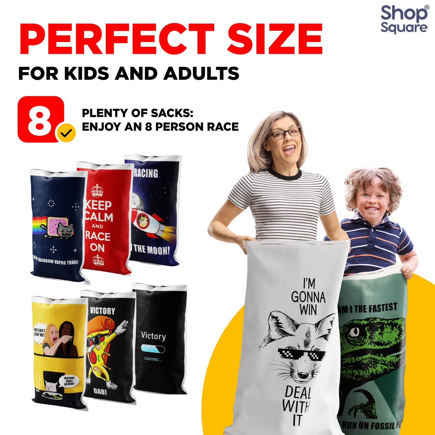 Potato Sack Race Bags | Yard Games | Durable, Interwoven Plastic | Fun, Meme Designs | Family Games For Kids And Adults | Party